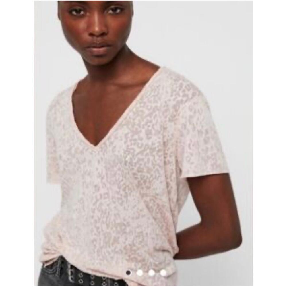 ALLSAINTS Cheetah Print Sheer V-Neck T-Shirt Pink Small